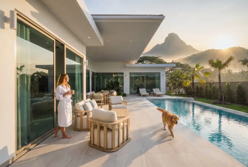 Coffee at sunrise by the villa pool