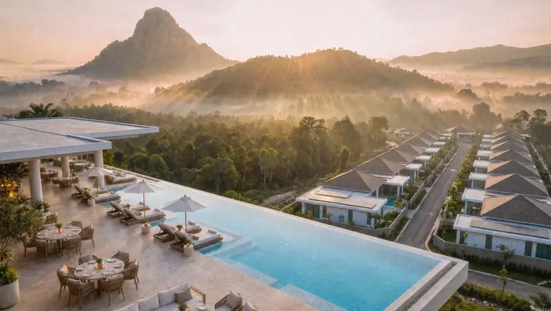 The rooftop infinity pool at sunrise, mountains in the mist