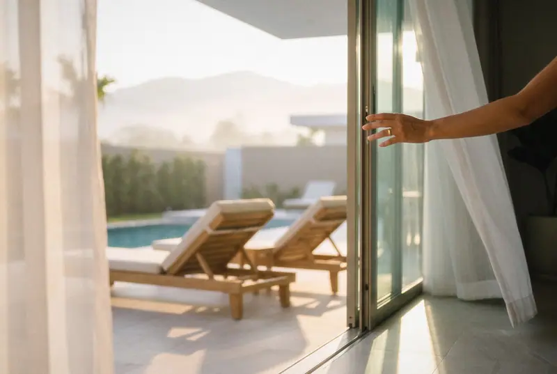 Opening the door onto the pool terrace in the morning