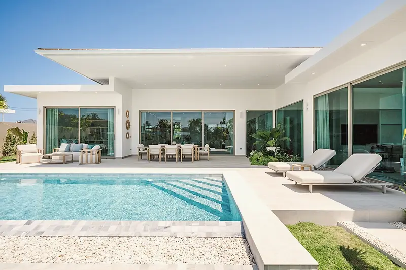 A completed villa and its pool